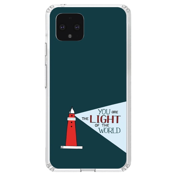 DistinctInk Clear Shockproof Hybrid Case for Google Pixel 4 (5.7" Screen) - TPU Bumper, Acrylic Back, Tempered Glass Screen Protector - You Are the Light of the World / Light House