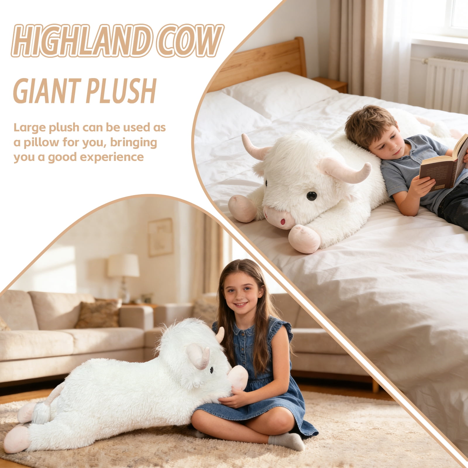 Giant Highland Cow Stuffed Animal 38" White Plush Cow, Soft Giant Cow Pillow for Kids and Adults