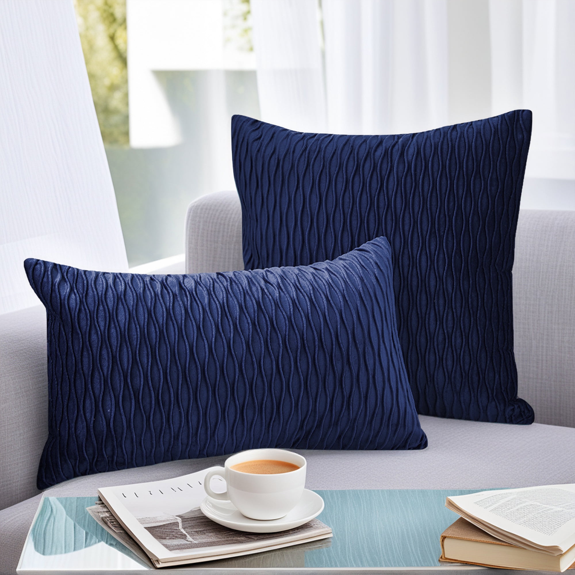Unique Bargains Throw Pillow Covers Striped Velvet Rectangular Navy Blue 18" x 18"