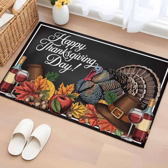 Thanksgiving Turkey Entryway Rug 2'x3' Non Slip Front Door Mats, Fall Maple Leaf Black Entrance Rugs Indoor Outdoor Carpet, Washable Floor Mats Small Area Rug for Bedroom Kitchen