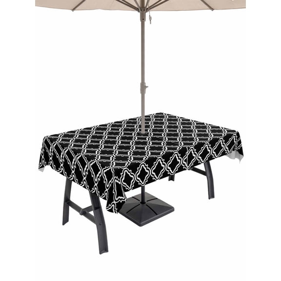 Outdoor Tablecloth with Umbrella Hole for Patio/Picnic/Party/Camping, Black Morocco Waterproof Table Cloth Rectangle Table Cover Washable, Abstract Modern Geometric Textured (52"x 70")