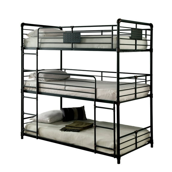 Benjara 3 Tier Industrial Style Twin Size Bunk Bed with 2 Ladders, Black