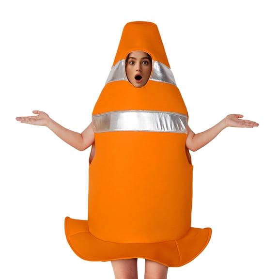 Adult Novelty Traffic Cone Costume Orange with Silver Reflective Stripes One Size Funny Halloween Costume for Cosplay, Party & Themed Events
