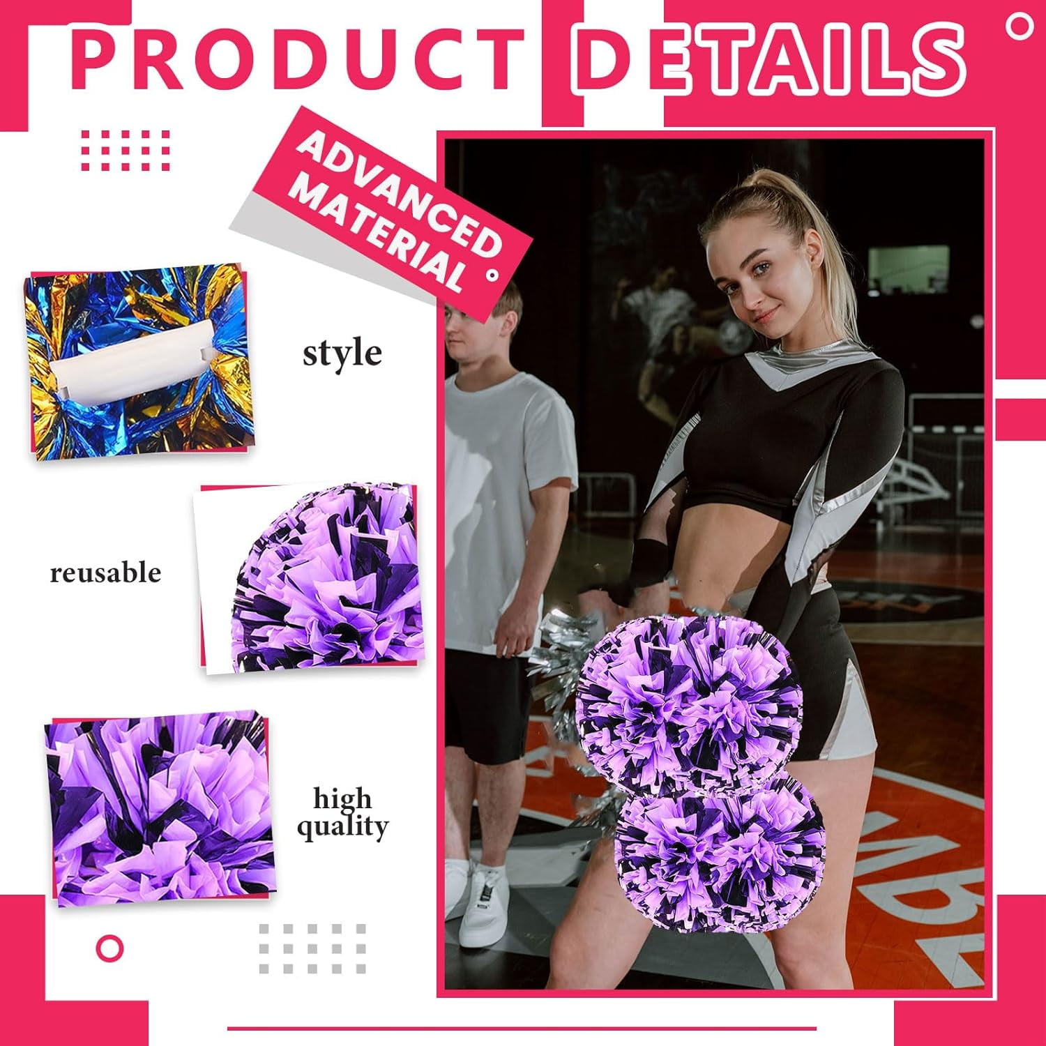 8 PCS Metallic Cheerleading Pom Pom for Team Spirit Sports Dance Cheering Kids Adults