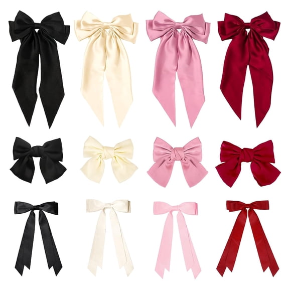 12 Pcs Hair Bows for Women, Silky Satin Hair Clips with Long Ribbon, Metal Hair Satin Clips Barrettes for Hair Accessories Girls (3 Styles)