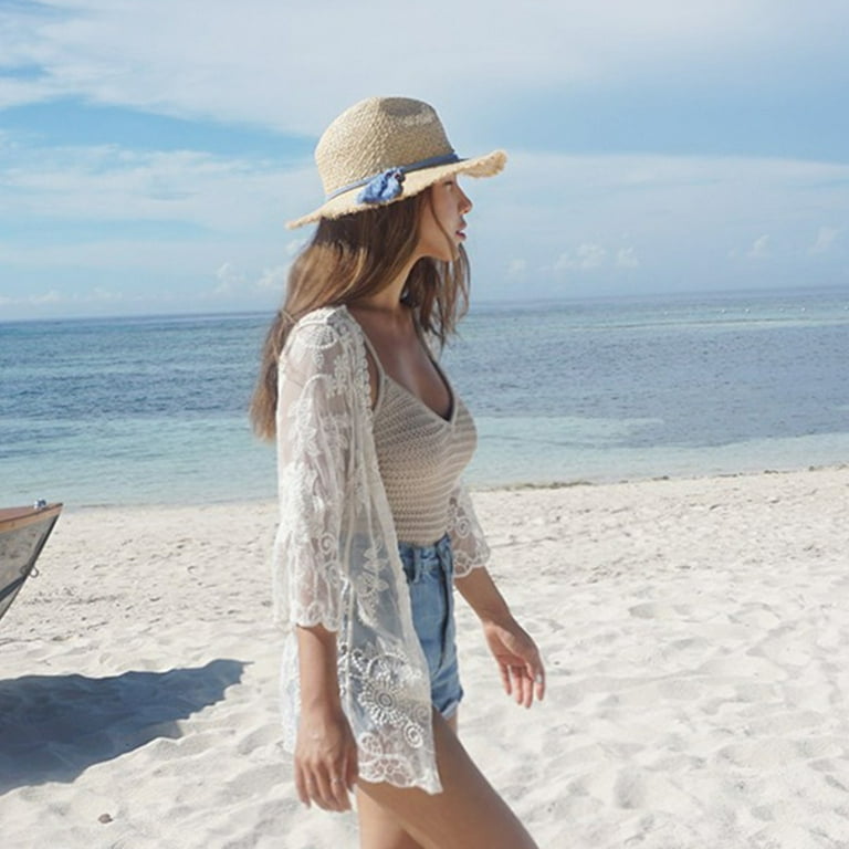 Women Summer Lace Open Front Kimono Cardigan Crochet Floral Leaves