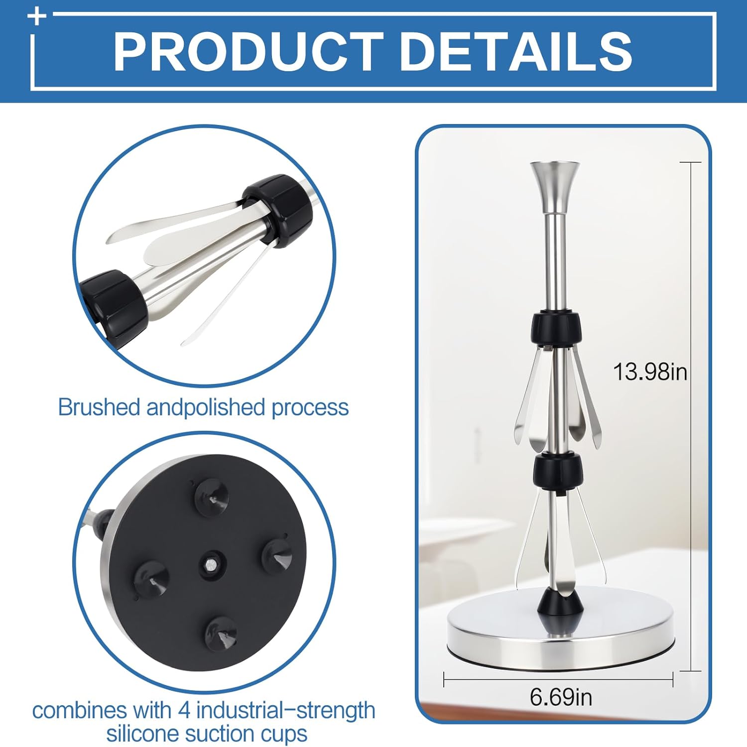Paper Towel Holder Countertop With Suction Cups - Heavy Duty (2.9 Lbs) Stainless Steel Dispenser  One-hand Tear For Kitchen Fits Standard & Mega Rolls