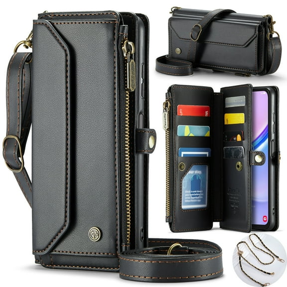 ShieldFlex For Galaxy A56 5G Case Wallet with RFID Blocking Card Holder for Women and Men, PU Leather Magnetic Snap Flip Zipper Strap Wallet Phone Case for Samsung Galaxy A56 5G, Black