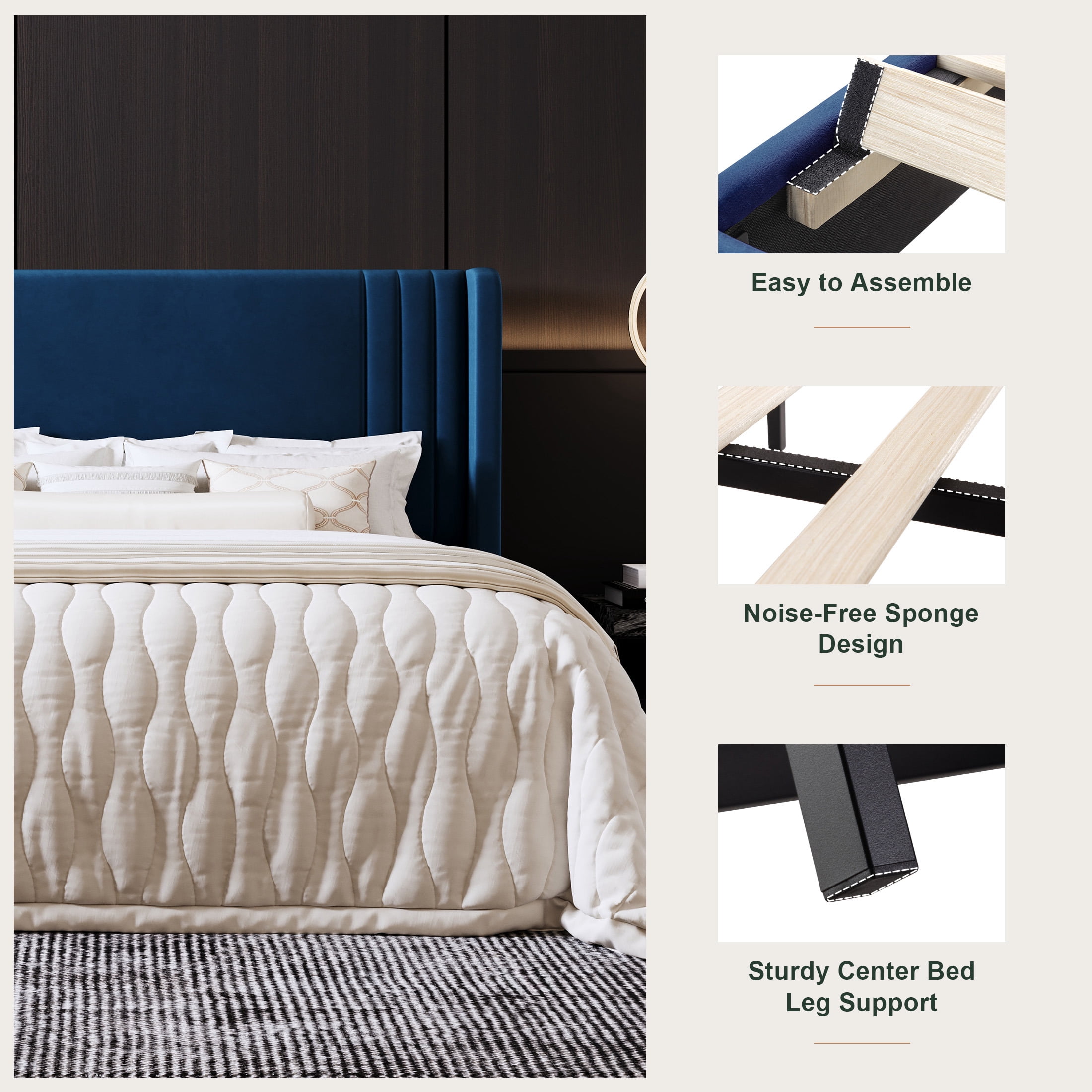 Amolife Full Size Bed Frame, Velvet Platform Bed with Upholstered Wingback Headboard, No Box Spring Needed, Blue