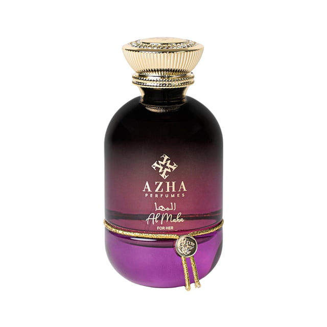 perfume azha perfumes essence orbis al maha eau de parfum, 100 ml — botella frontal de vidrio degradado negro a púrpura con tapón dorado tallado y logo dorado Azha Perfumes; cordón decorativo dorado en la base, presentación en spray, fragancia árabe floral-frutal, adecuada para uso diario y ocasiones especiales.