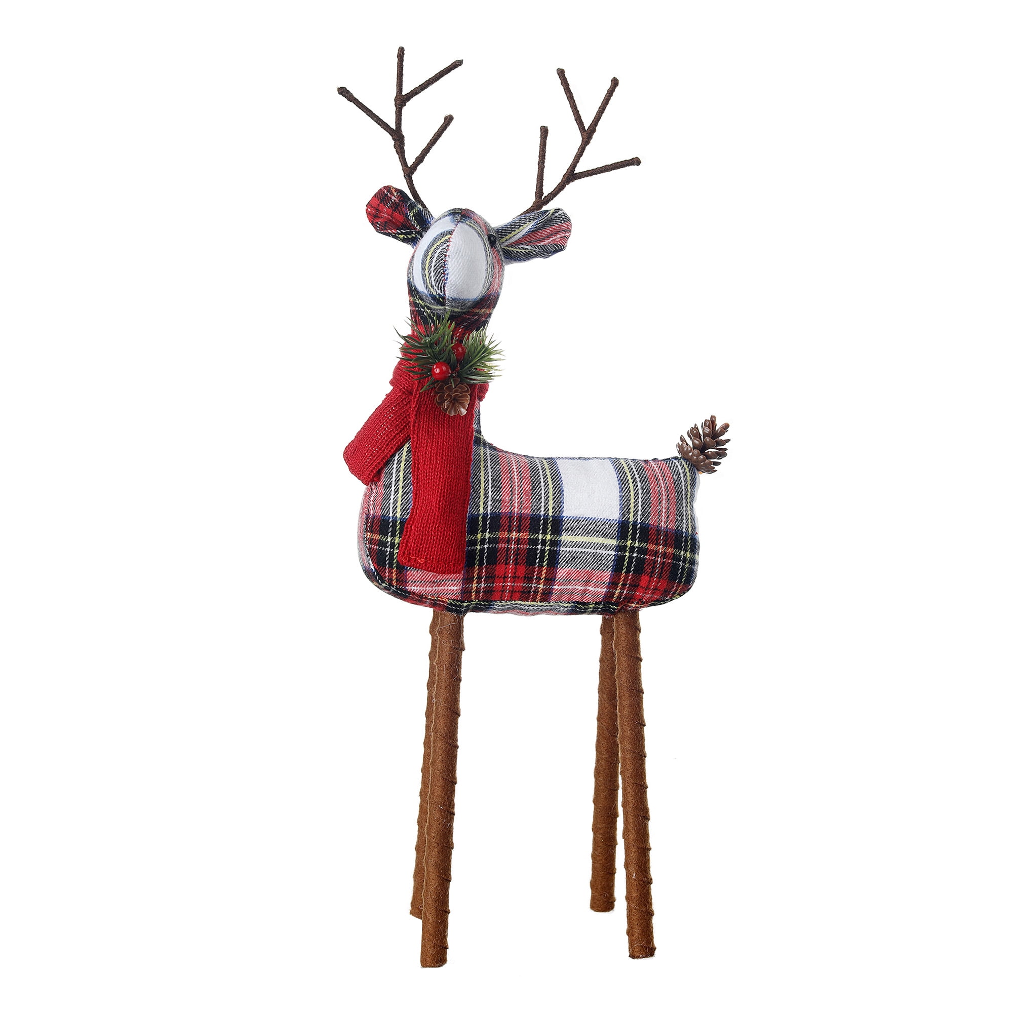 Holiday Time Red and White Plaid Fabric Deer Tabletop Decor, 18"