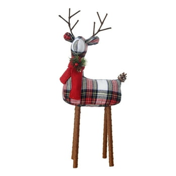 Holiday Time Red and White Plaid Fabric Deer op Decor, 18"