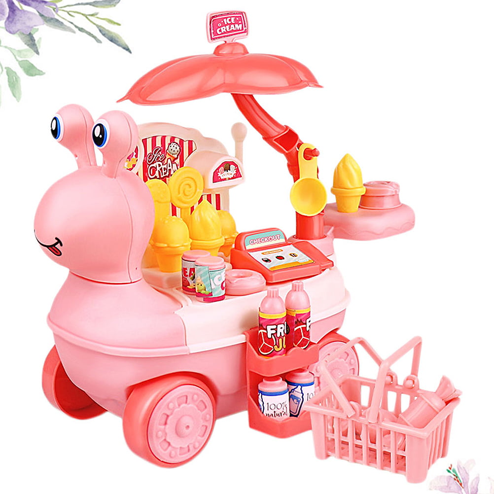 1Pc Mini Cartoon Ice Cream Truck Cart Snail Ice Cream Trolley Play House  Music Lighting Toy Life Role Playing Pretend Play Simulation Ice Cream  Vending Toy Without Battery (Pink Ice Cream Truck) -