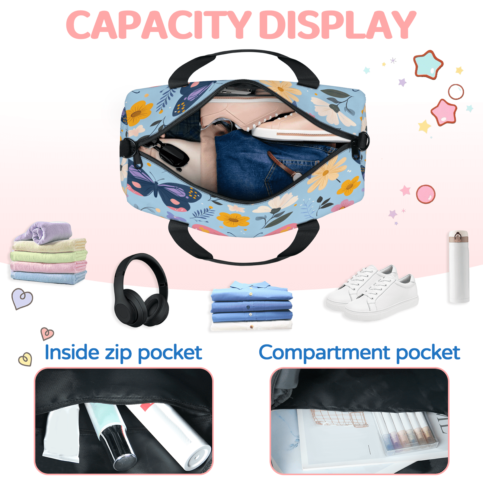 Herdesigns Butterfly Gym Bag for Women, Duffle Bag for Travel Sport, Floral Lightweight Waterproof Carry on Weekender Dance Yoga Workout Bags