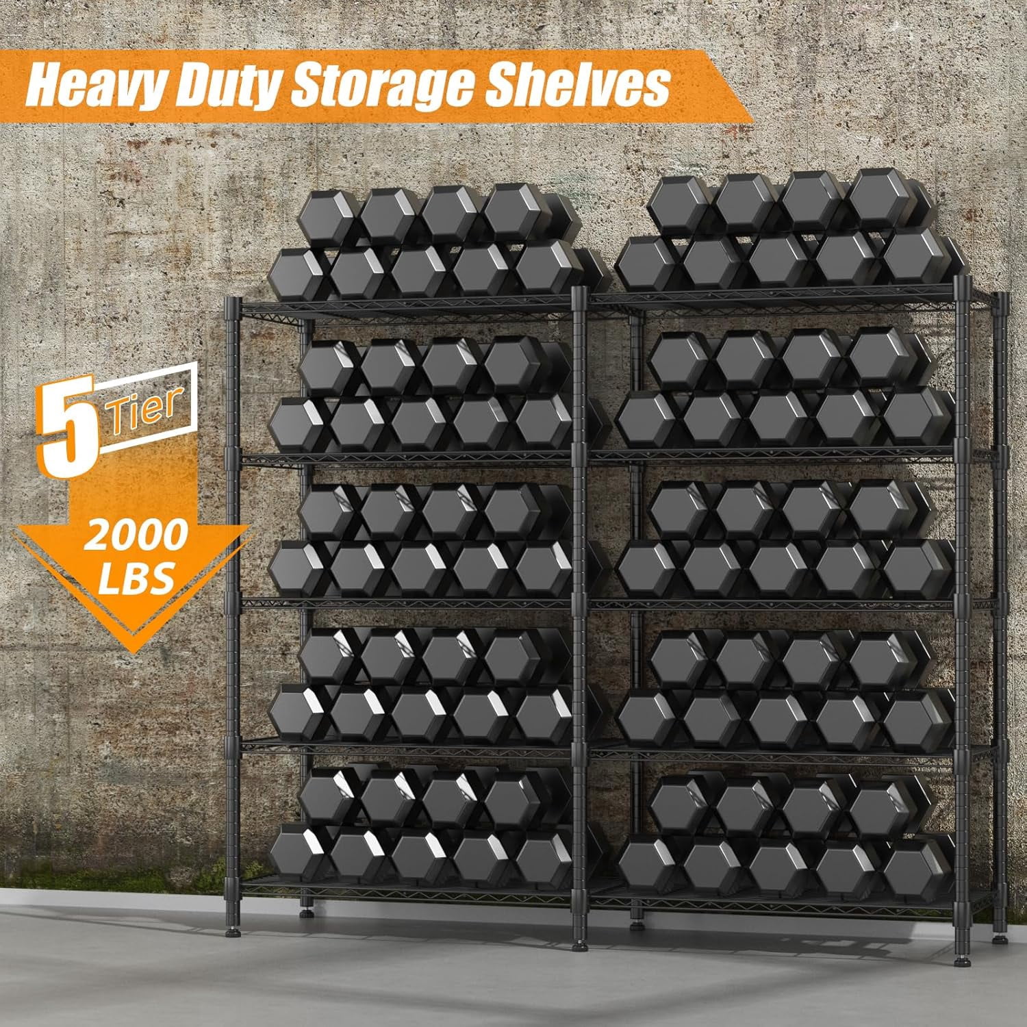 Sailvan 5-Tier Heavy Duty Metal Storage Rack, 60"W x 14"D x 72"H, 1500LBS Capacity Adjustable Wire Shelving Unit for Garage Pantry Kitchen,Black