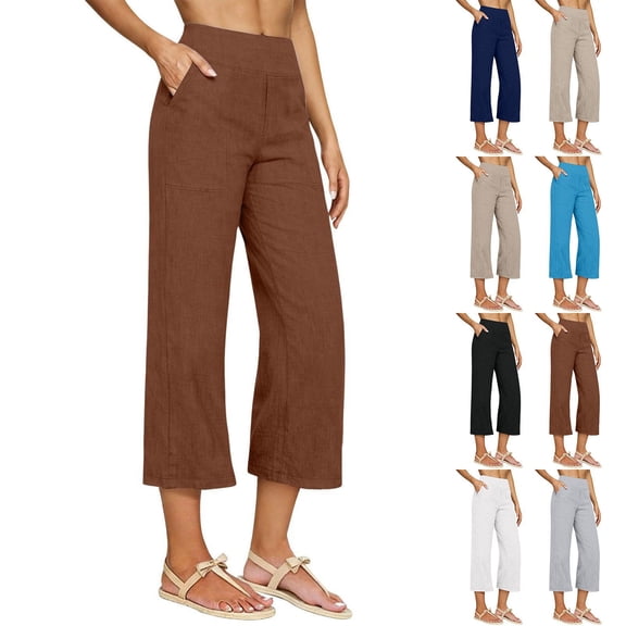 Capris for Women with Pockets Plus Size Solid Color Straight Leg Loose Fit High Waist Summer Casual Lightweight 7/8 Length Pants with Pockets