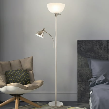 UPC 192664175795 product image for Satin Nickel Metal Floor with Reading Lamp 77 Inch 2 LED Bulbs Glass Shade | upcitemdb.com