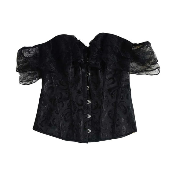 Hvyesh Women Floral Lace Off Shoulder Corset Top Lace Sleeve Lace Up Overbust Boned Bustier Lingerie Waist Trainer Bodyshaper Black