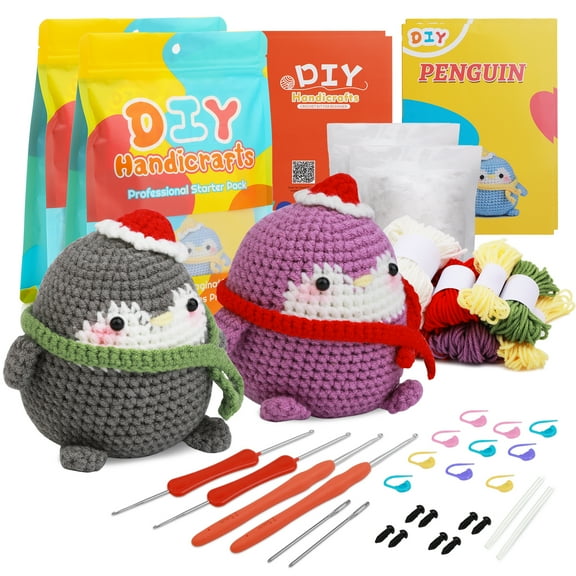 UzecPk Beginners Crochet Kit, Cute Penguin Crochet Kit for Beginers and Experts, All in One Crochet Knitting Kit (Grey and Purple)