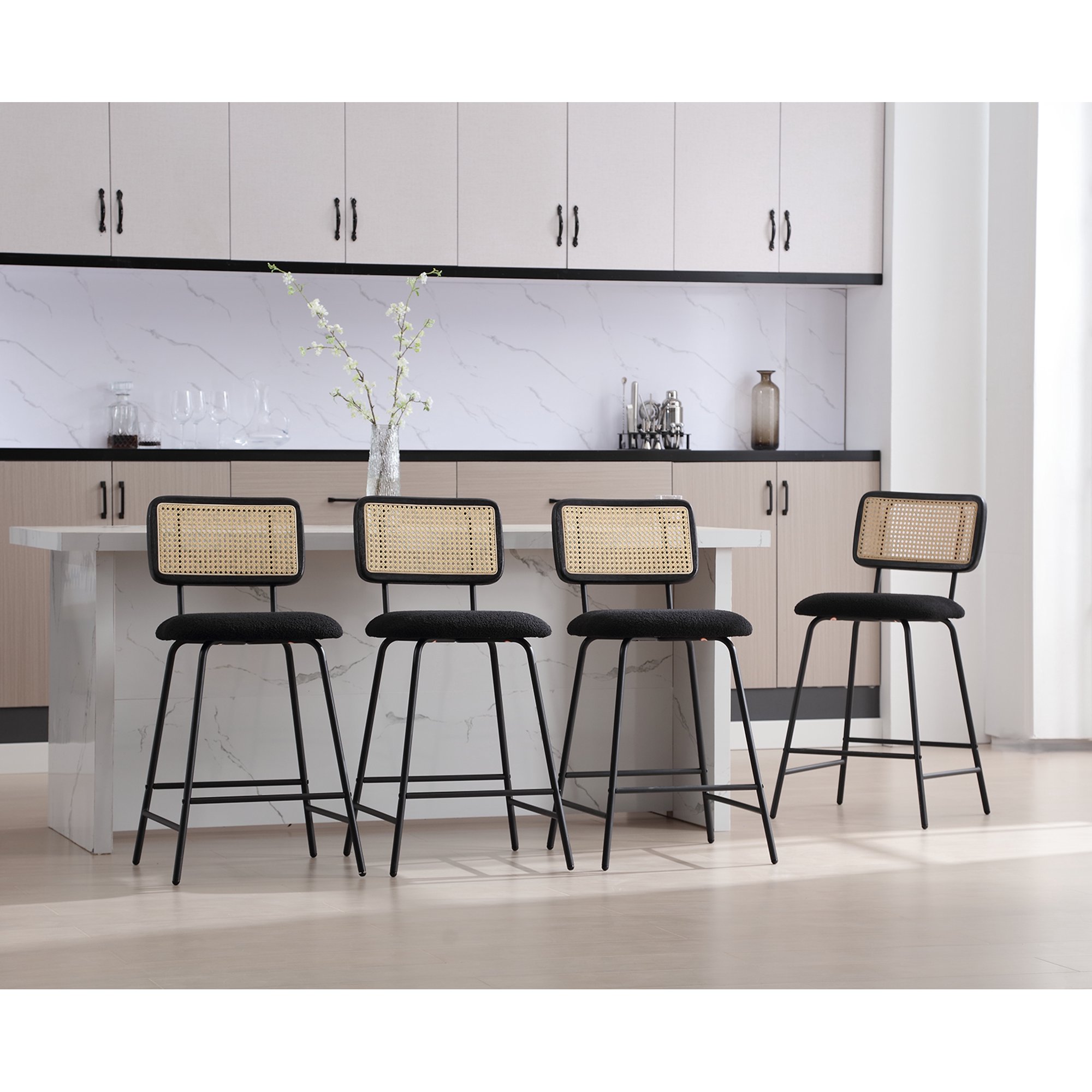 Dayalane 26" Rattan Bar Stools Set of 4, Modern Sherpa Counter Height Barstools with Cane Back and Metal Legs, Armless Kitchen Island Chairs for Bar Kitchen Restaurant Bistro, Black