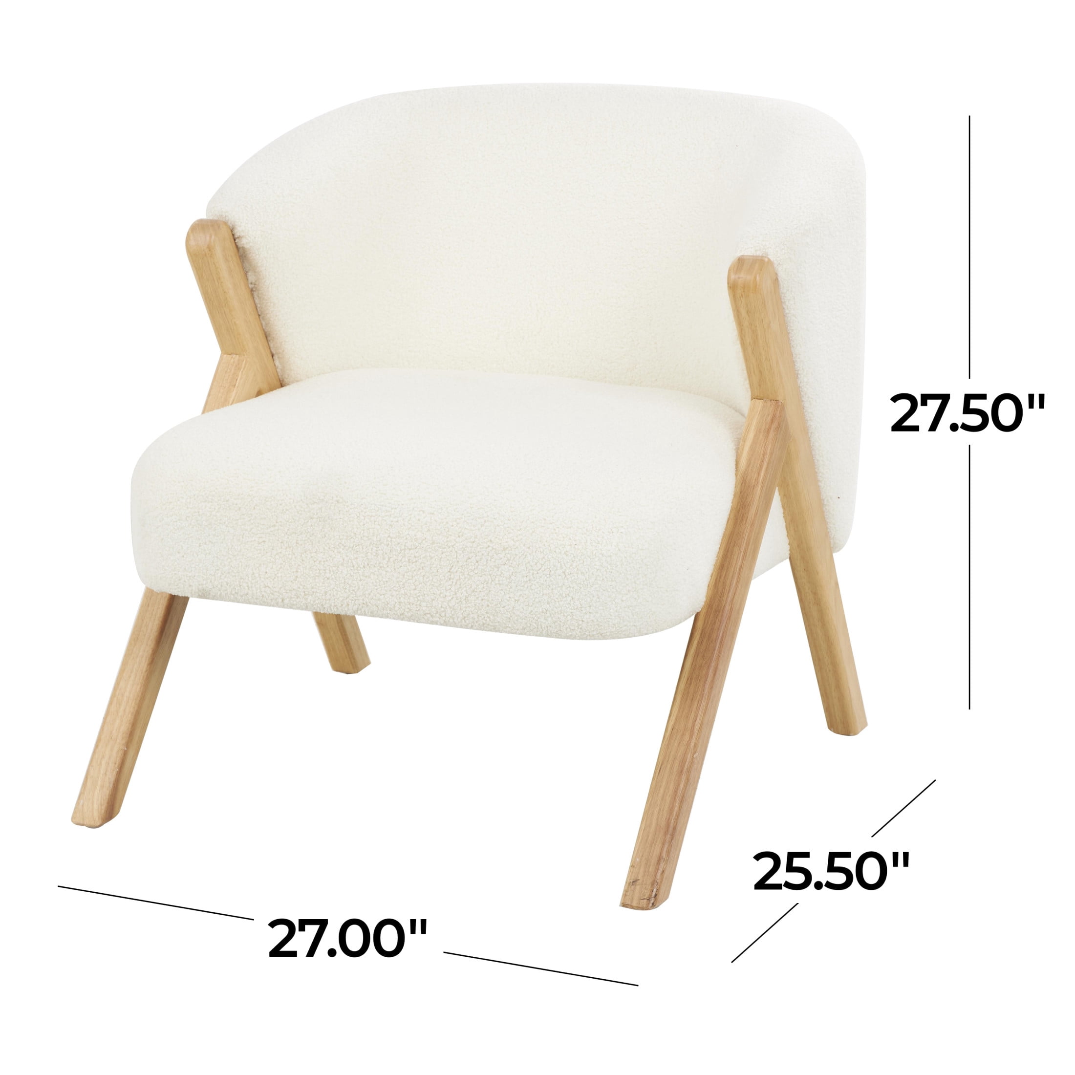 DecMode Polyester Rounded Boucle Lounge Chair with Angled Wooden Legs, White