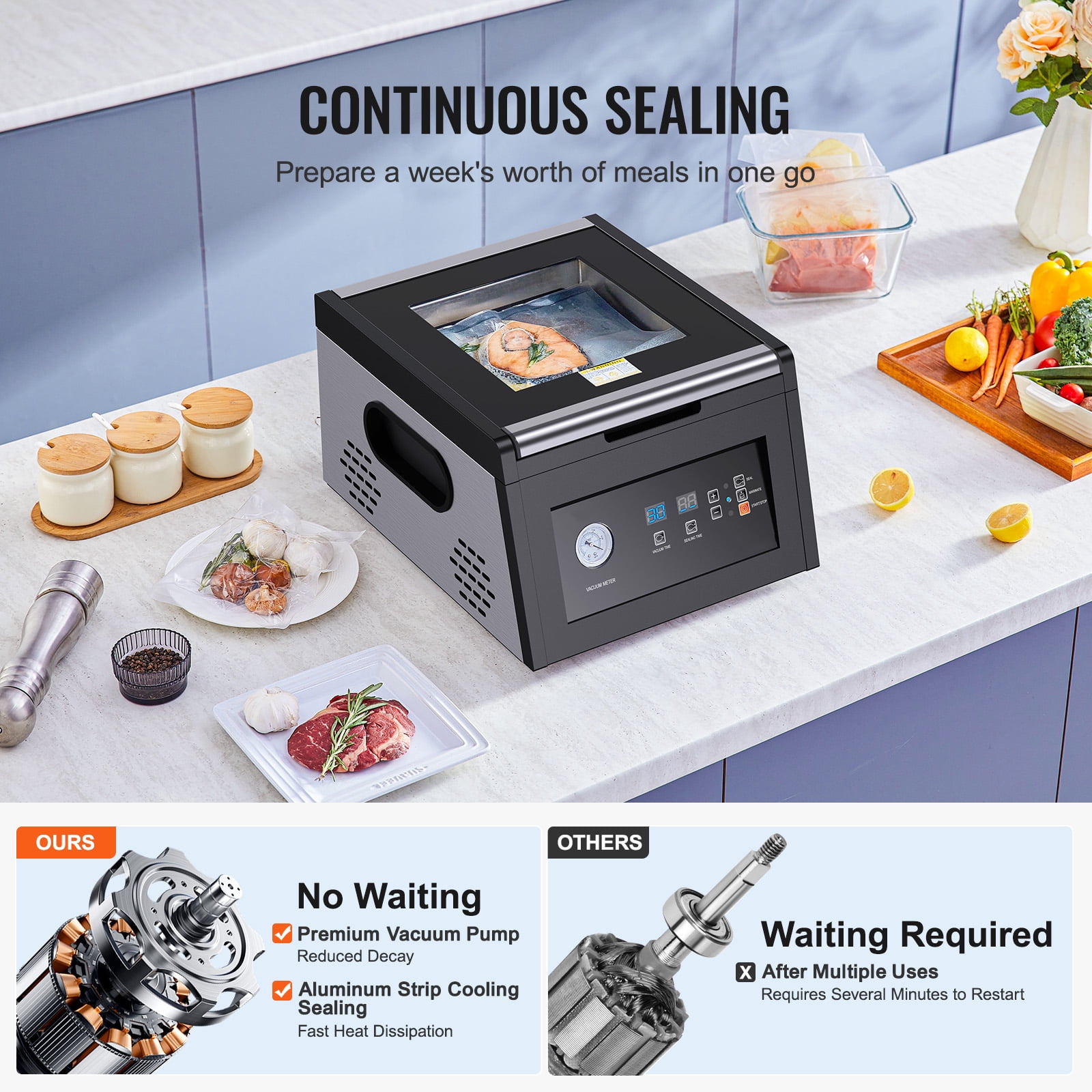 KFFKFF Chamber Vacuum Sealer, 380W Pump Power, Bag Sealing Machine for Moist Foods and Meat, Space-Saving Design with 11.5-Inch Seal Length, Suitable for Commercial and Home Applications