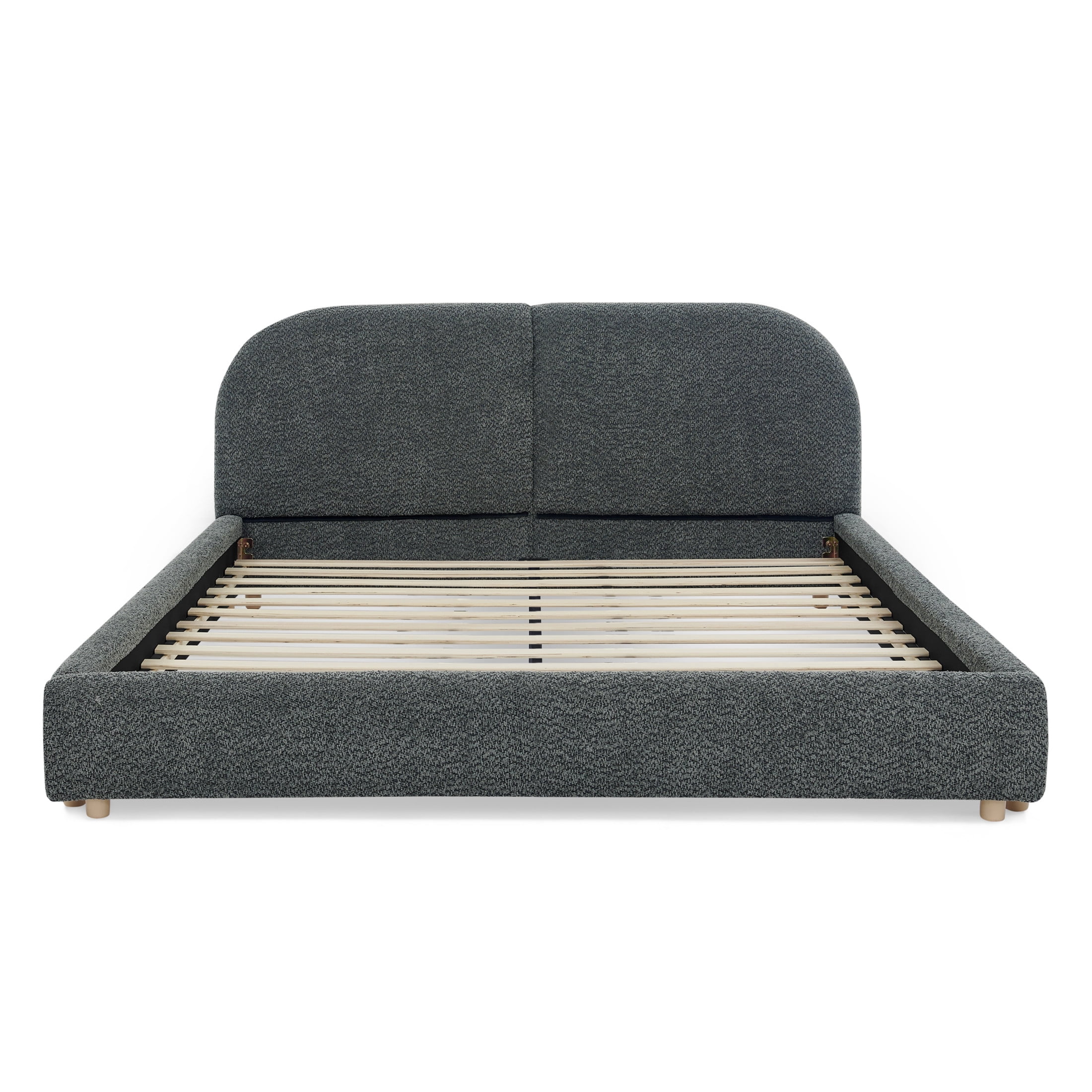 Noble House Roland Queen Size Yarn Upholstered Bed Frame, Tall Curved Headboard Platform Bed, Sturdy Support, Dark Gray