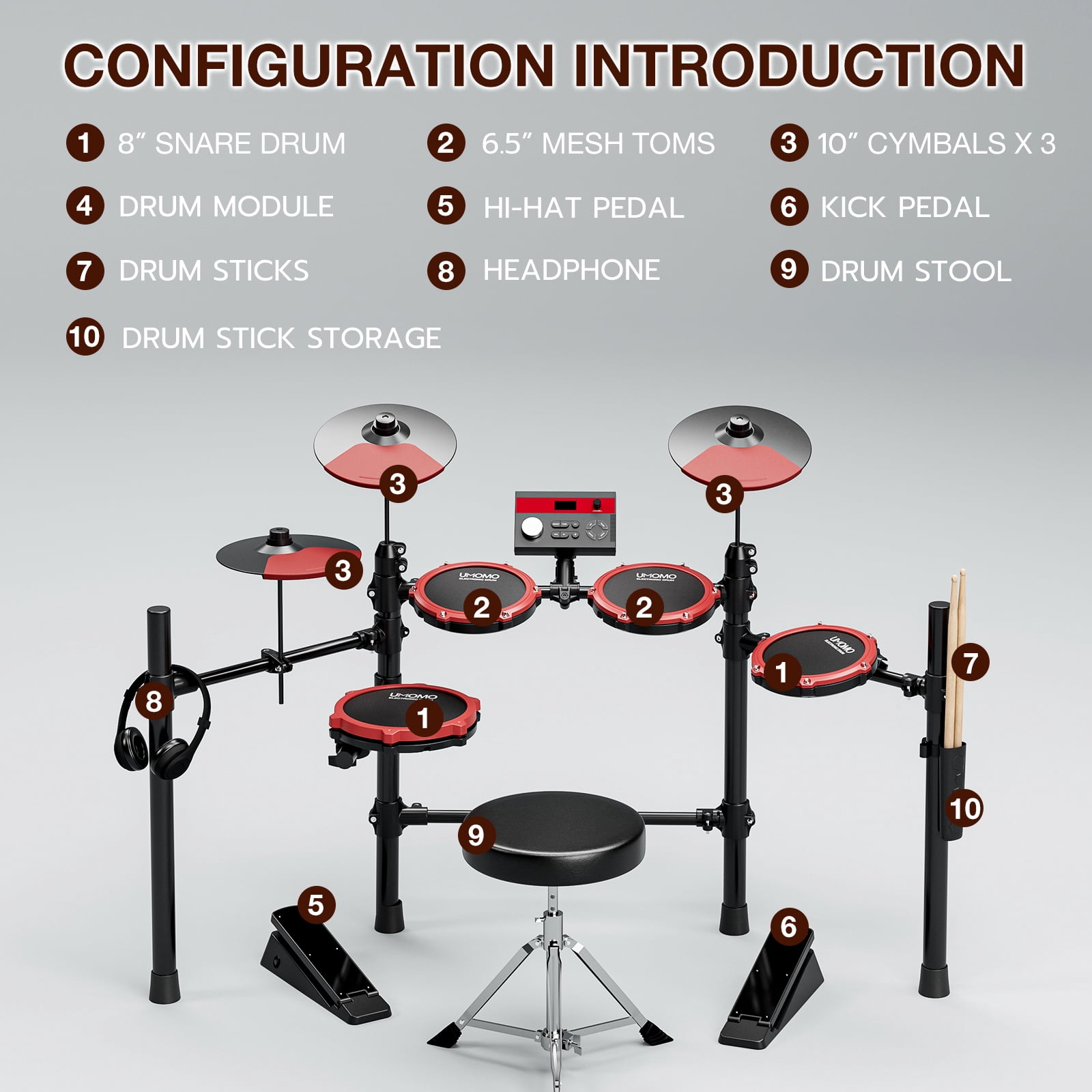 UMOMO Electric Drum Set, Electronic Drum Set With Mesh Electric Drum Pads, 225 Sounds, Drum Sticks, Headphones & Audio Cables, Stable Steel Frame, 15 Drum Kits, for Beginner, Red & Black