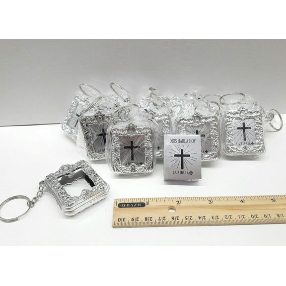 12 x Mini Bible Keychain Spanish Silver Holy Bible Religious Favor/Baptism Favor/First Communions, Baptism, Wedding Shower