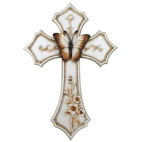 De Leon Collections 14862 Polyresin Butterfly White Floral Vintage Wall Cross