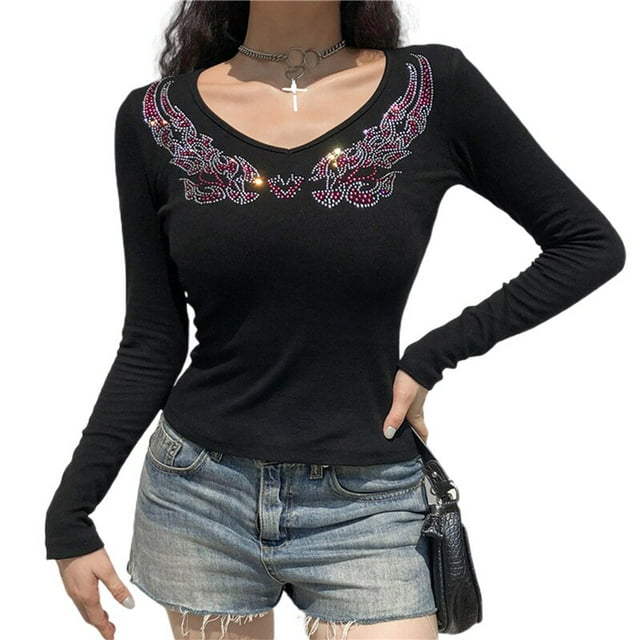Xingqing, camisetas cortas con diamantes de imitación, estampado gráfico Y2K, ropa Grunge, camiseta Retro estética de hadas, camisetas bonitas Vintage Harajuku Deng Xun unisex