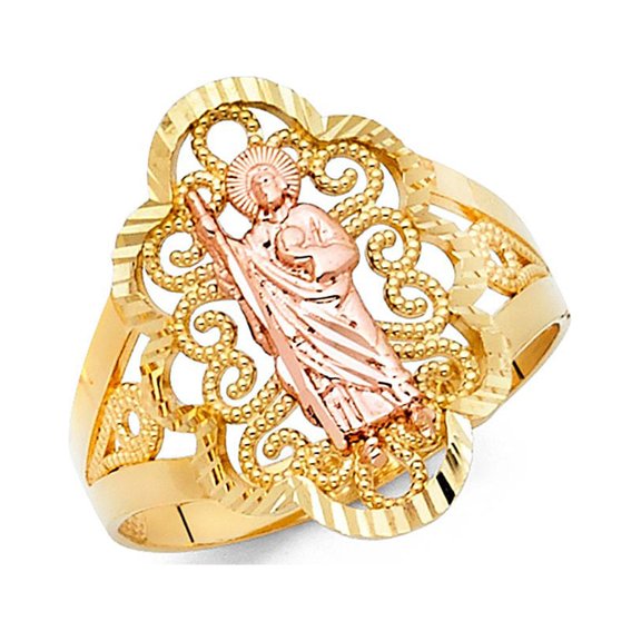 14k Two Tone Italian Solid Gold Religious Flower Shape Band 20mm Ring