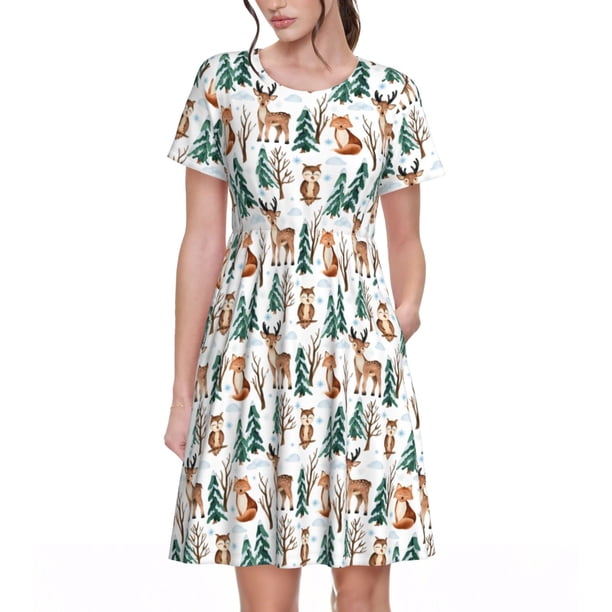 Disketp Winter Woodland Friends para Vestido de Manga Corta para Mujeres, Vestidos de Verano para Mujeres, Casual y Holgado para la Playa