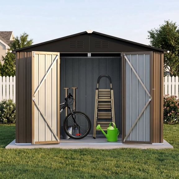Zateety 8x6 Ft Metal Garden Shed, Outdoor Storage Shed with Apex Roof and Hinged Door, Lockable Backyard Tool Shed for Garden Lawn – Brown   Black