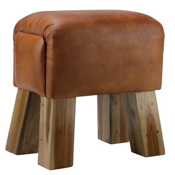 Bare Decor Gorgie Accent Stool in Brown Genuine Leather with Teak Legs