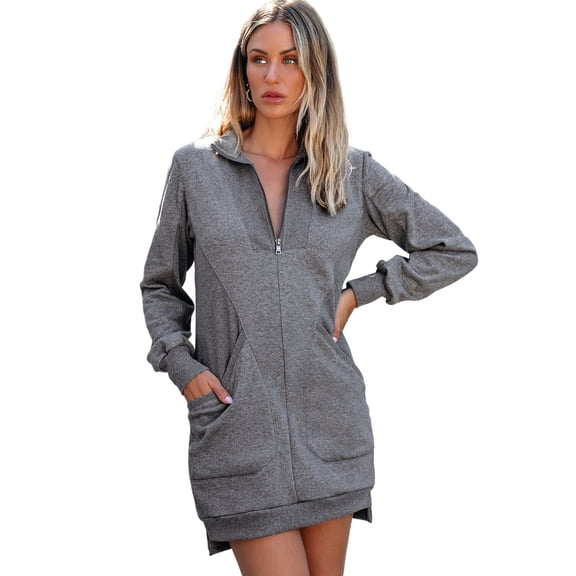 Women's Dark Grey Zip-Up Sweatshirt Dress with Pockets – Casual Fall Layering [ZhiHiMeRi] | 2XL