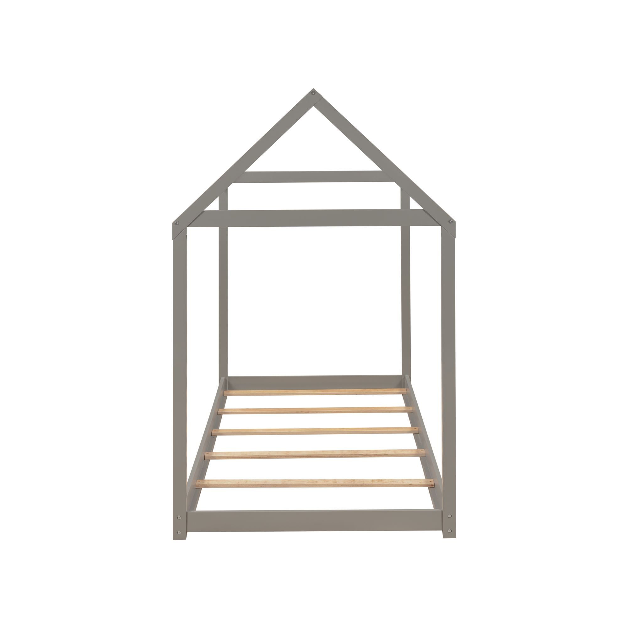Harper & Bright Designs Twin Size Wooden House Bed with Roof, House Bed Frame Twin Size Floor Bed, Poppy House Wood Bed, Platform Bed, Can Be Decorated for Girls, Boys, Gray