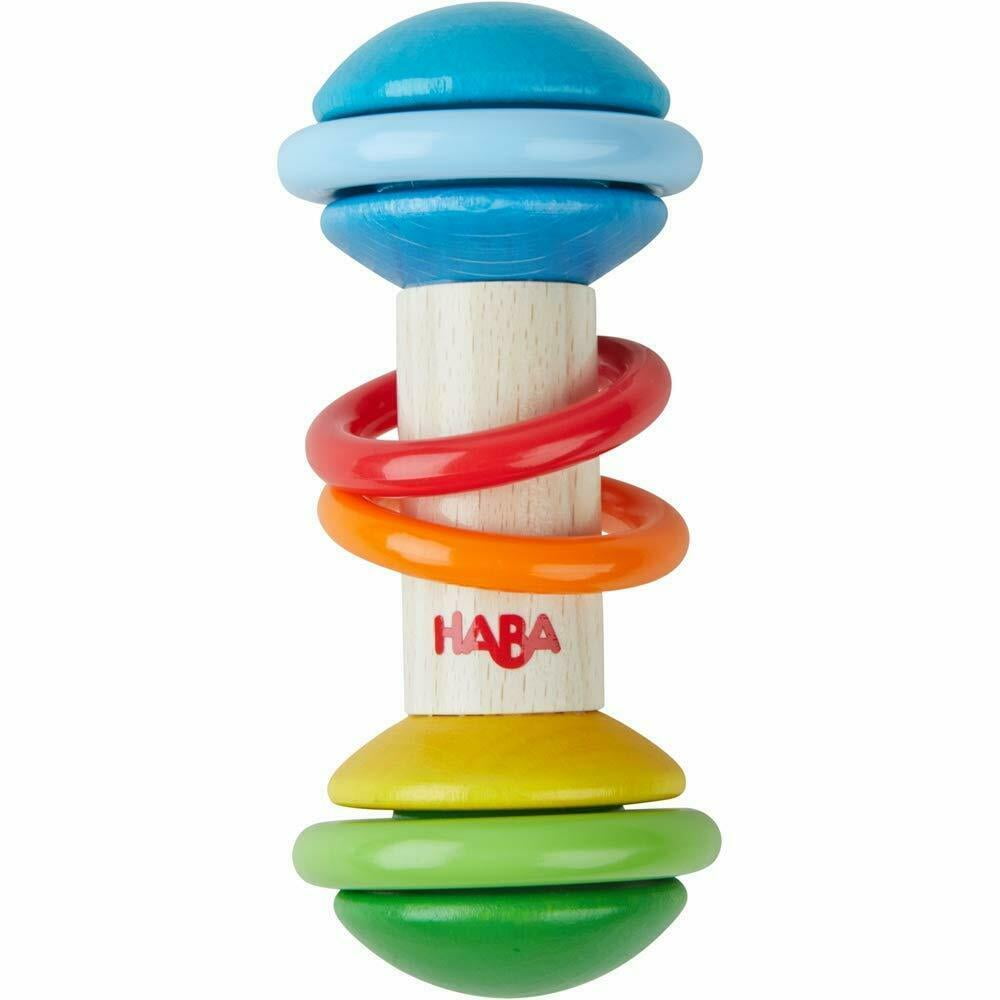 HABA Rainmaker Rattle Stick Wooden Clutching Toy with Plastic Rings (Made in Germany)