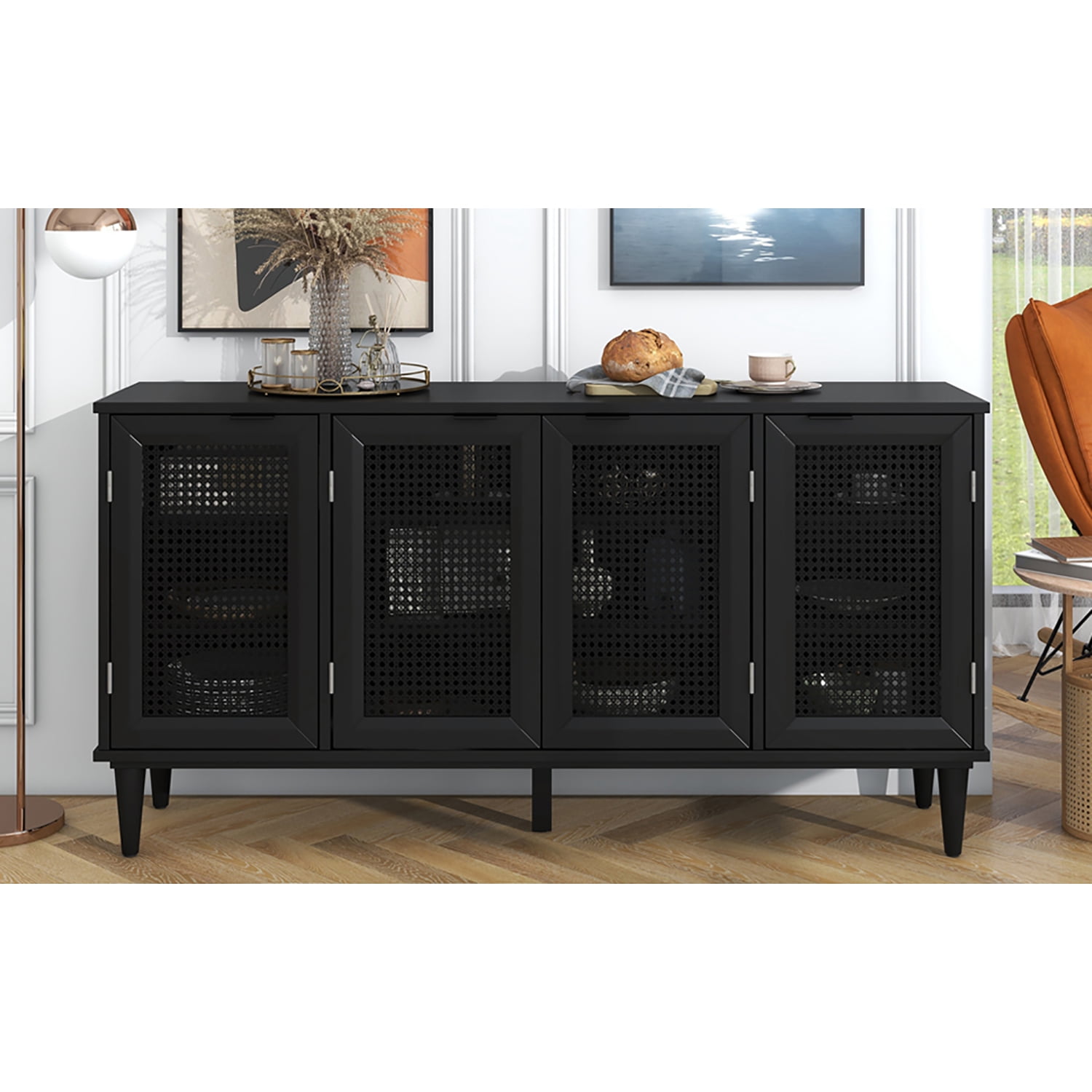 Kadyn Large Storage Space Sideboard, Floor Storage Cabinet for Living Room, Storage Sideboard Buffet Cabinet with Artificial Rattan Door, Black Kadyn Large Storage Space Sideboard, Floor Storage Cabinet for Living Room, Storage Sideboard Buffet Cabinet with Artificial Rattan Door, Black