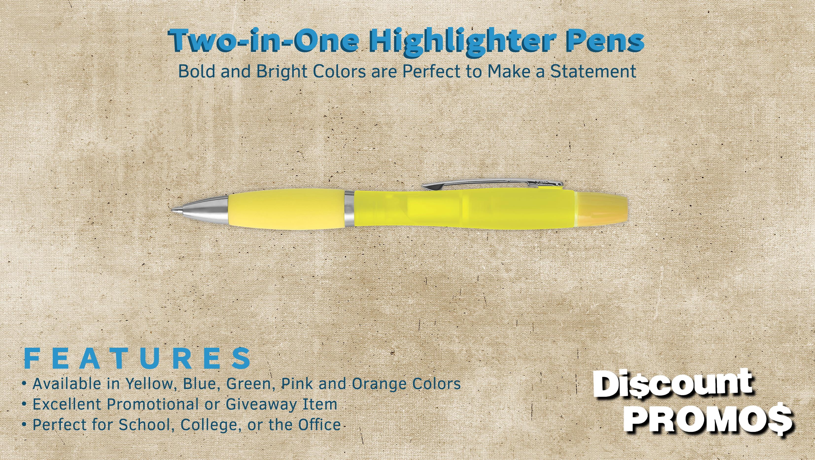 10 Two in one Highlighter Pens Pack - Ballpoint, Silver Accents - Yellow
