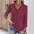 thumbnail image 3 of Scyoekwg Women Tops Dressy Casual Fall Shirts Loose Comfy Clothes for Women Pullover Tops V-Neck Button Basic Tops Solid Color Long Sleeve Trendy Womens Clothes(Wine,L), 3 of 6