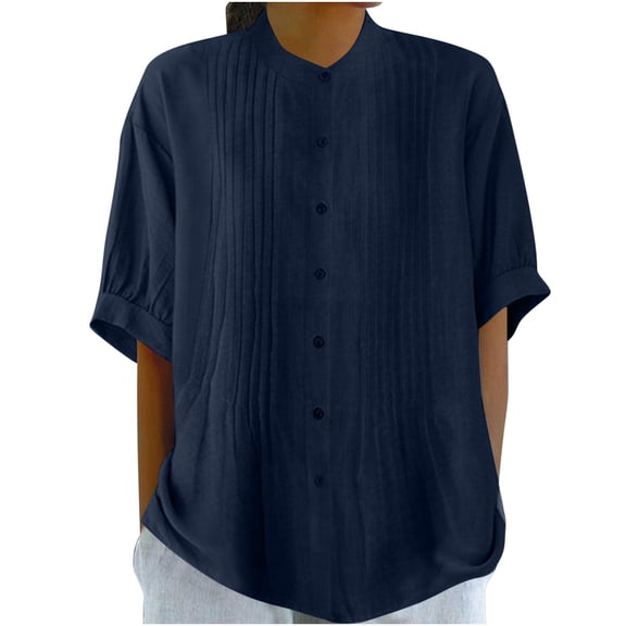 jtjvou Summer Linen Shirts for Women Cotton Tops Short Sleeve Button Down Solid Color Tees Lightweight Ladies Clothes Blue XXXL