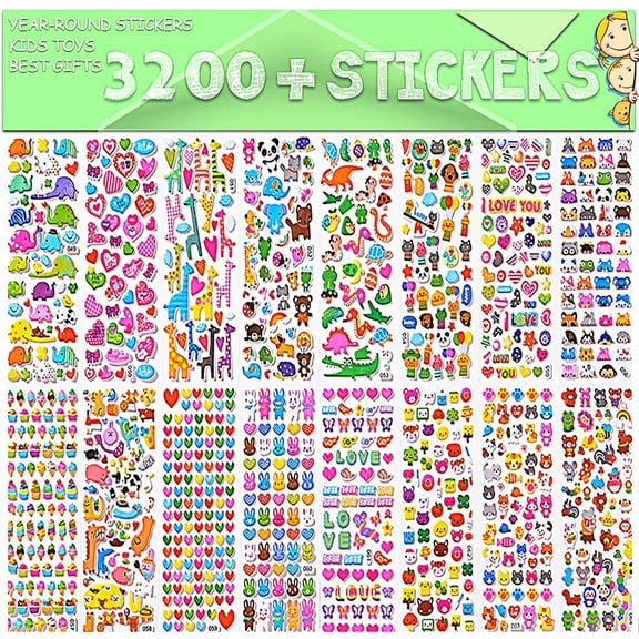 Sinceroduct Stickers for Kids, 3D Puffy Stickers, 64 Different Sheets, 3200 Stickers, Including Animals, Cars, Trucks, Airplane, Food, Letters, Flowers, Pets and Tons More: Toys & Games