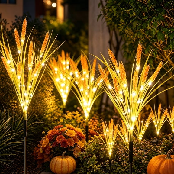 Solar Wheat Stake Lights 7 Heads 25.59 Inch Fall Yard Decor, Warm White Lighted Garden Pathway Lights for Thanksgiving Harvest