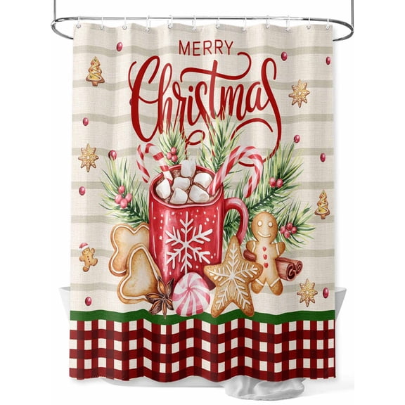 nqOlkjepod Christmas Shower Curtain, Waterproof Shower Curtains for Bathroom, Xmas Hot Cocoa Red Black Plaid Gingerbread Holiday Washable Fabric Bathtub Curtain Set Bath Decor with 12 Hooks 48"x72"