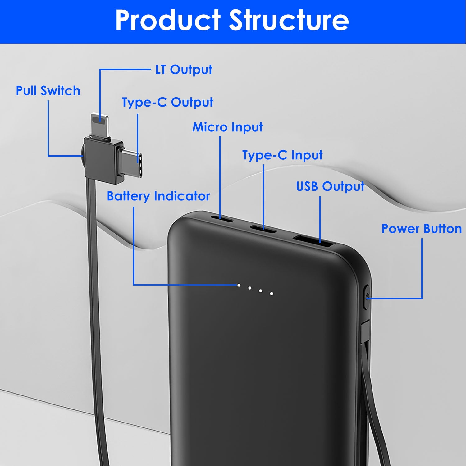 Portable 10000mAh Power Bank  External Battery Pack Phone Charger with LT Type-C Double-ended Cable Black