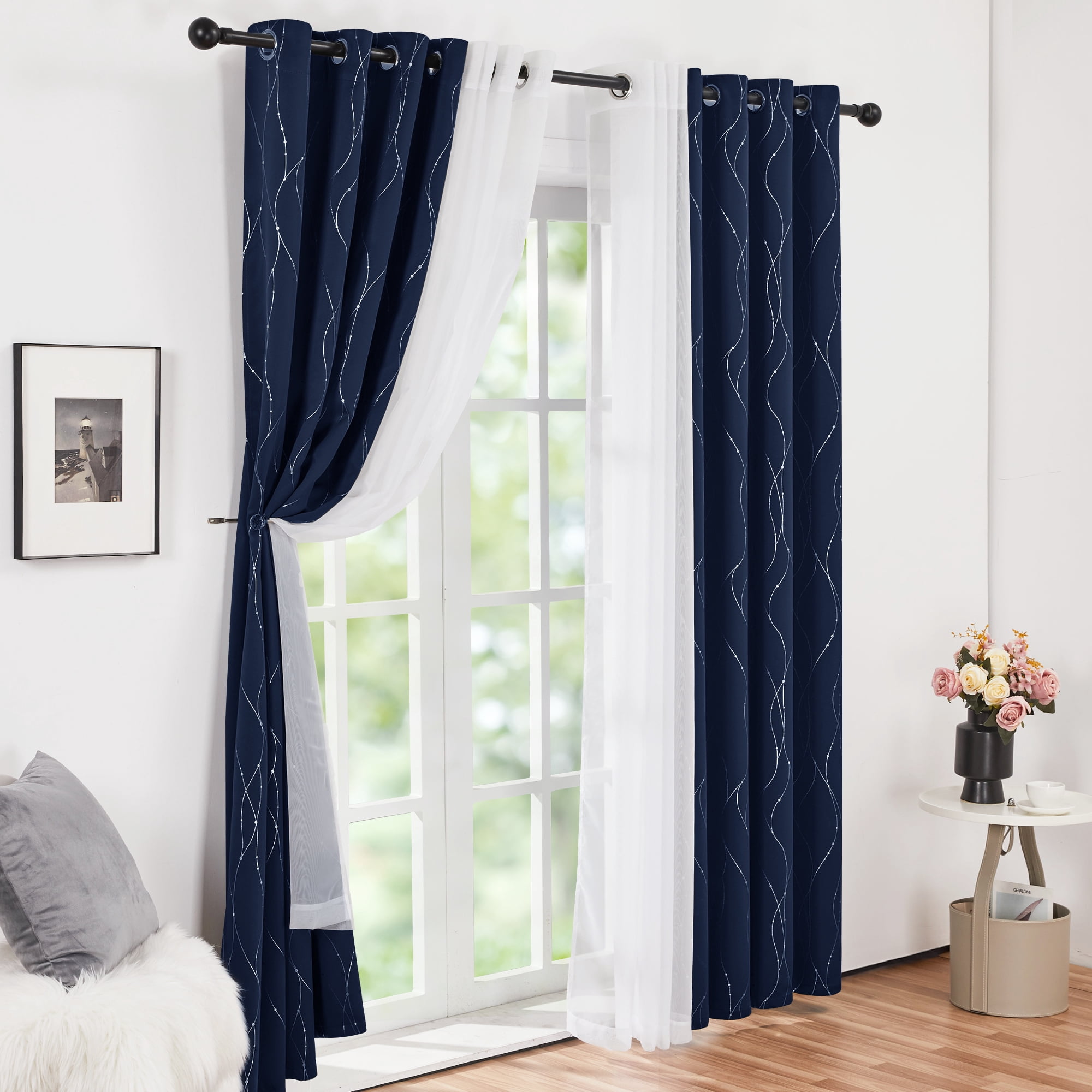 Deconovo 52"x72" Grommet Blackout and Sheer Curtains Set for Bedroom, Navy Blue/White, 4 Pcs, Adult