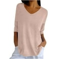 thumbnail image 2 of Babysbule Womens Summer Tops Women Solid Color Spring/summer Knitted V-neck Medium Sleeve Casual Top, 2 of 9