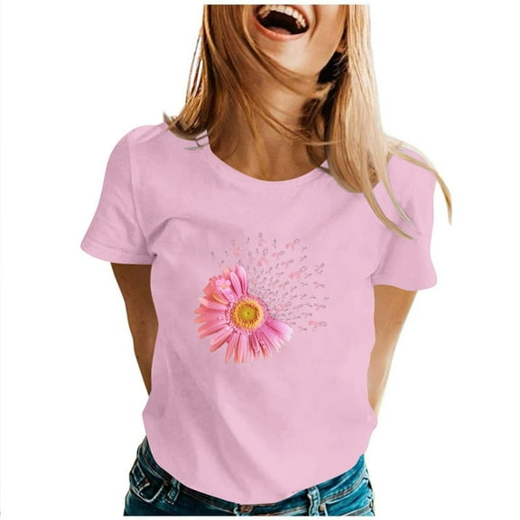 Fartey Breast Cancer Shirts for Women Trendy Sunflower Pink Ribbons Print T-Shirt Breast Cancer Awareness Short Sleeve Tops Pink S