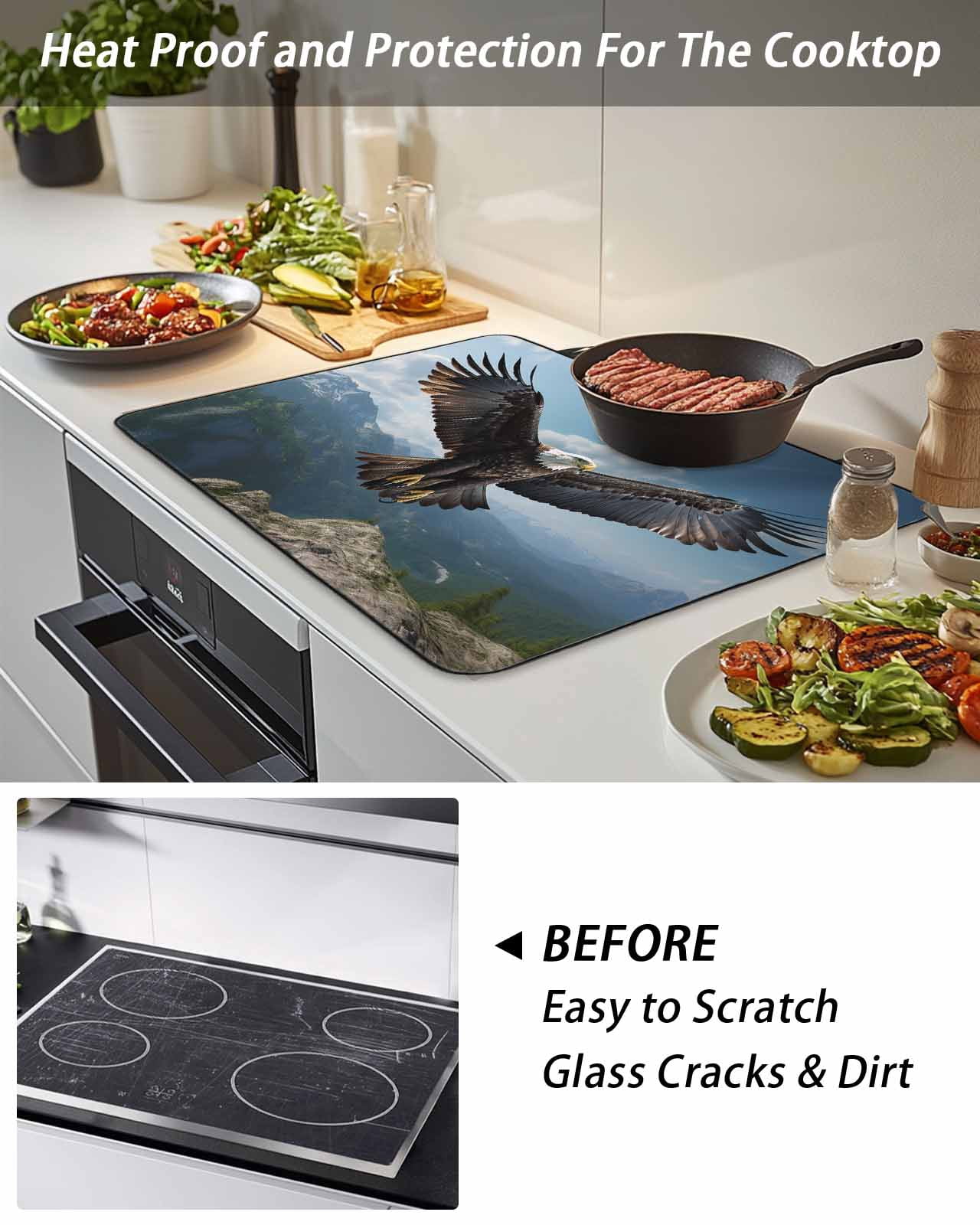 Stove Top Covers for Electric Stove, Eagle Glass Stovetop Cover Protector, Forest Mountains Range Sky Animal Natural Landscape Induction Cooktop Protector Oven Mat for Kitchen Countertop 24"x21"